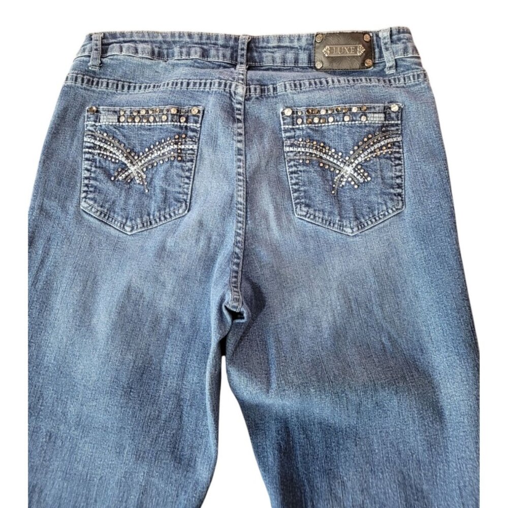 Tru Luxe Jeans Womens Denim Mid Rise Stretch Embellished Pocket Blue Size 32